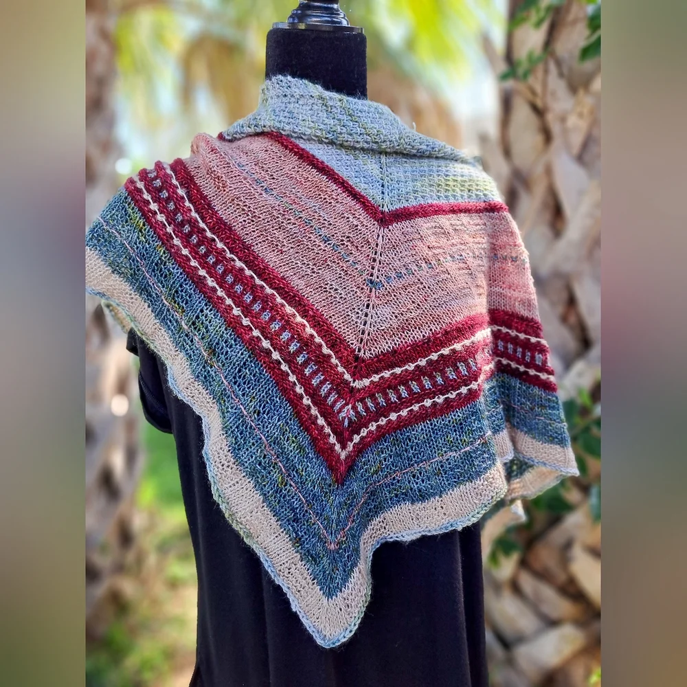 Hand Crafted OOAK Soft Wool Triangular Striped Natural Red Pink Blue Knit Wrap - Picture 12 of 12